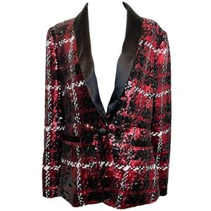 L’agence Red Plaid Sequin Holiday Party Single Button Blazer New Size 8